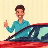 Illustration of a satisfied customer admiring a clean car from Spotless Auto Spa